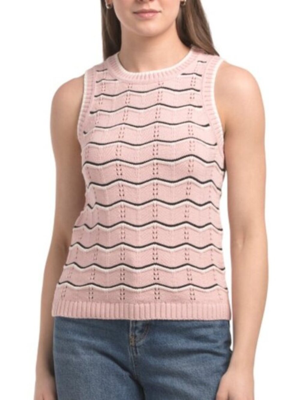 ELIE TAHARI Sleeveless Crew Neck Novelty Pointelle Chevron Sweater Tank Size M